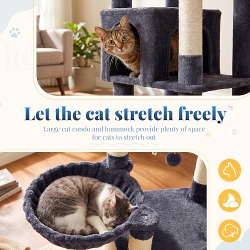 Image of Hey-brother Cat Tree Tower, Wide Base, 5 Platforms for Multi-Cats, MPJ074G | 72.8 Inches Tall Furniture, 5 Plush Beds, Large Condo, Big Hammocks, Sisal Scratching Posts, for Indoor Adult Cat, Smoky Gray