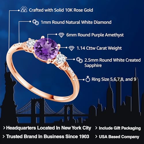 Gem Stone King 10K Rose Gold 6MM Round Gemstone Birthstone White Created Sapphire and White Diamond Accent 3-Stone Engagement Ring | Three-Stone Wedding Anniversary Promise Ring For Women2