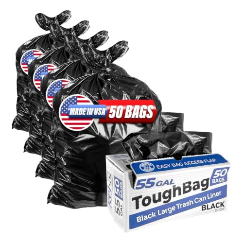 Image of ToughBag 55 Gallon Trash Bags, 55-60 Gallon Trash Bags Heavy Duty (50 COUNT) - Large Black Trash Can Liners, 50-60 Gal for Contractors, Commercial, and Lawn - Made in USA (Pack of 4)
