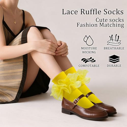 Image of Women Big Ruffle Ankle Socks Adult Double Lace Frilly Turn Cuff Dress Socks Cotton Cute Fancy Bobby Crew Socks