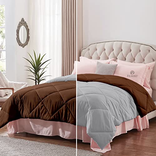 Image of Filbert - Double Bed Comforter for Winter 300 GSM Reversible Microfiber Soft & Cozy Diamond Stitch Quilt (90 inch x 100 inch Inches /228cm x 254cm) - Comforter Double Bed|Silver /Chocolate Brown