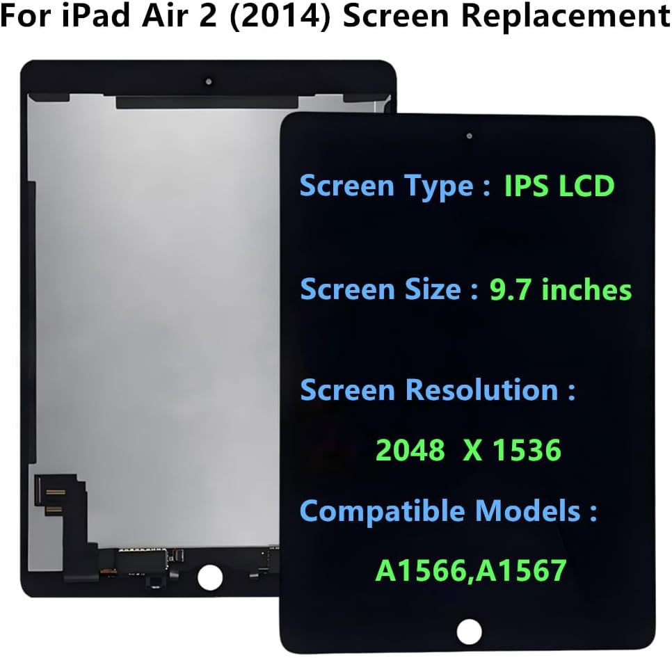 for iPad Air 2 LCD Screen Replacement 2014 A1566 A1567 9.7" 2nd Gen Display Touch Digitizer Assembly (Black+Tools)