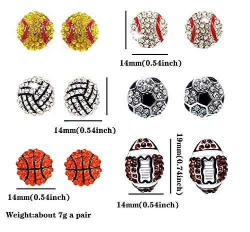6 Pair Upgrade Unique Rhinestone Stud Earrings Cute Basketball Volleyball Baseball Football Rugby Shiny Crystal Sport Earrings For Women Gift-6Pairs #TOP1