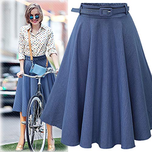 Women's Girls Elasic Waist Flared Denim Skirt Pleated Midi A-line Skirt Solid Color3