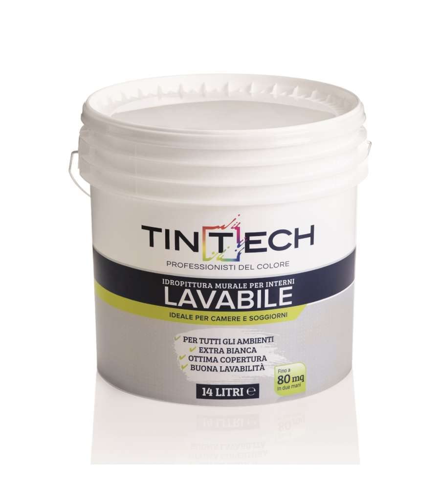 Tintech Idropittura Lavabile per Interni, 14 Litri, Bianco, Finitura Opaca, Resa 11 mq/l