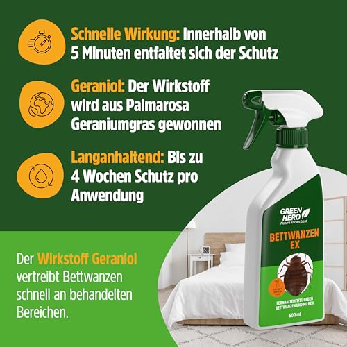 Green Hero Bettwanzen-Ex Spray 500 ml | Abwehrspray gegen Bettwanzen und Milben | Zur Unterstützung der Vorbeugung von Befall | Fernhaltemittel für Matratze und Bettgestell