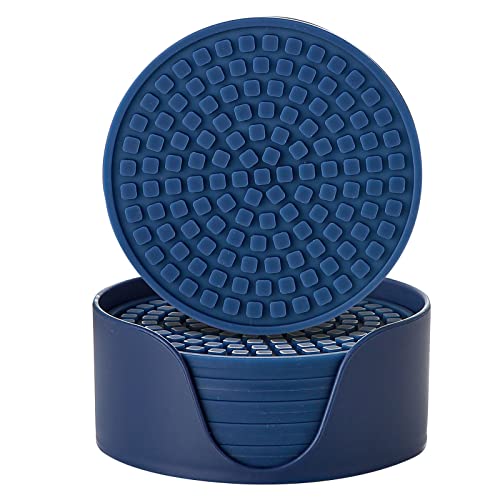 Colinda Silicone Drink Coasters with Holder Set of 6 Outdoor Cup Mat for Hot or Cold Drinks Thickened Non-Slip Non-Stick Navy Blue