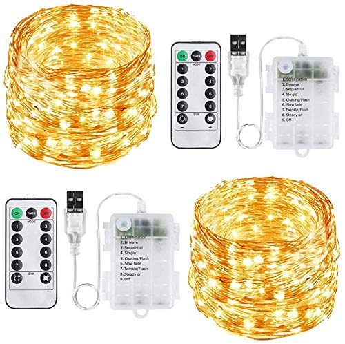 SENYANG Guirnaldas Luces, Luces LED Pilas, Cadena de Luces USB, 8 Modos de Luz, Impermeable 100 LED Luces de Hadas Interiores [2 PCS] para Decorativas, Navidad, Habitacion (Blanco Cálido)