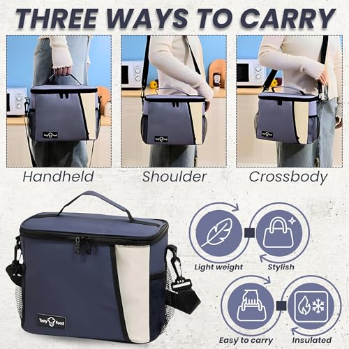 Image of OCEANEVO Insulated Lunch Bag with Luggage Tag, Tiffin Bag for Office with Handle and Shoulder Strap for Men and Women - 25 x 17.5 x 20 Cm - Navy Blue