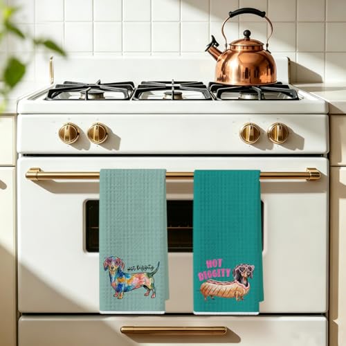 Image of Hanamiya Na 2 Pcs Funny Dachshund Kitchen Towels 24x14 Inch, Dachshund Gifts Reusable Dish Towels for Kitchen Decor, Waffle Weave Absorbent Tea Towel, Cute Weiner Dog Gifts for Women Mom Friend