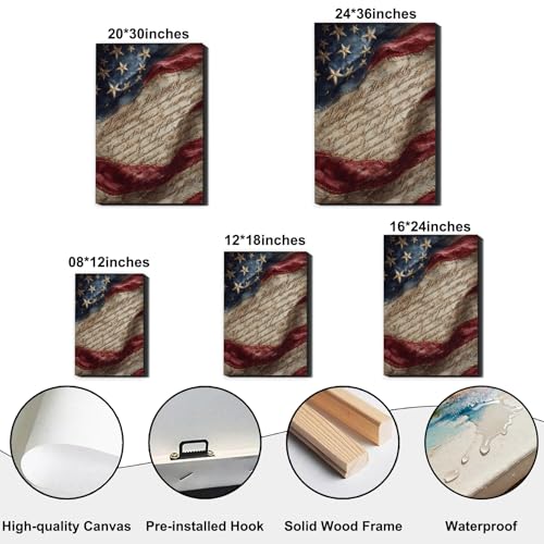 Image of RIBNTAK Vintage Americana Canvas Wall Art, Rustic American Flag and Constitution Pictures Patriotic Artwork for Farmhouse Decor, Independence Day Decorations for Living Room Bedroom Entryway