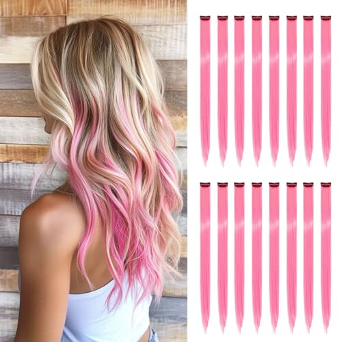 HappClan Hot Pink Hair Extensions 16 Pcs Deep Pink Clip in Hair Extensions Synthetic 22 inch Rainbow Highlight Hairpieces for Girls Women Kids Favor Gift & Party Birthday (Cherry Pink)