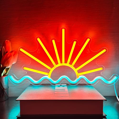 Image of VIKLIU Sunset Neon Sign Sun Wave Neon Signs for Wall Decor USB Powered Led Neon Light Sign forBedroom, Beach Bar, Party, Man Cave, Living Room,Dimmable Led Sign