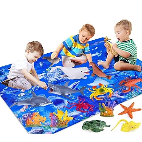 Kids Ocean Animals Toys with Large Play Mat , 18 Pack Assorted Realistic Sea Animal Toys with Carrier Bag Including Shark, Whale, Dolphin etc, for Toddler, Boys & Girls Ages 3-8 Cover