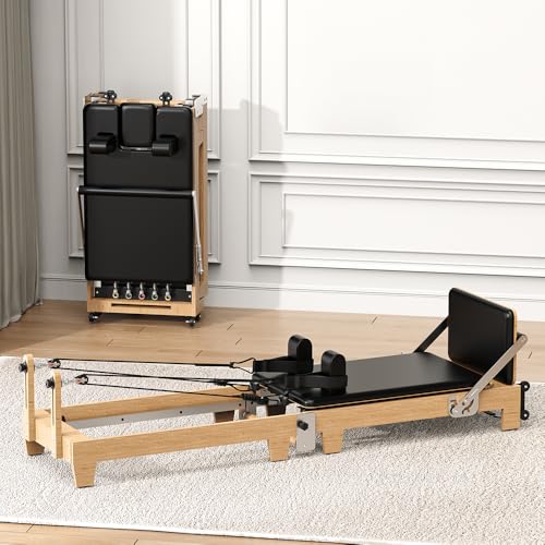 Wooden Foldable Pilates Reformer Machine, Quick-Assembly Studio Grade Pilates Reformer for Home and Gym, Pilates Equipment with Adjustable Resistance, Jump Board and Accessories