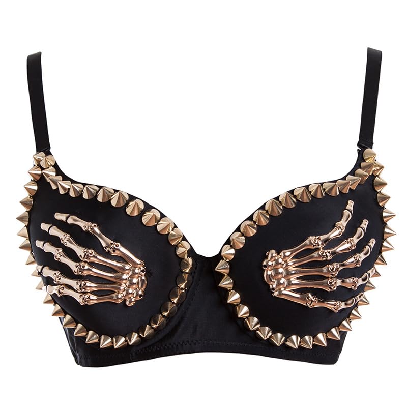 fizzoqi Women's Black Rivet Skull Corset Bra Gothic Finger Design Bustier for Nightclub, Belly Dance-picture-27