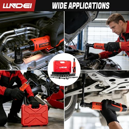 LLNDEI Cordless Electric Ratchet Wrench Set with Socket Set, 3/8" Ratchet, 40FT-LBS with Adjustable Speed, 1 Pack 2000mAh Lithium-Ion Battery and Charger, 52pcs