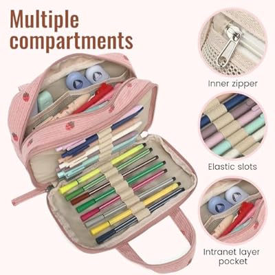 Large Pencil Case Pouch,Extra Big Pencil Bags with Zipper,Cute Corduroy Pencil Pouch with 5 Compartments,Pen Bag Wide Opening,Pencil Pouch Organizer, Pencil Box for Teen Girls Adults (Pink)