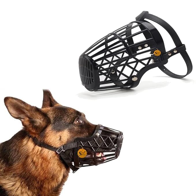 PSK PET MART Adjustable Strap Muzzle Cum Mouth Cover Cum Basket Cage Cum Pet Safety Collar for Puppy & Dog (Black, Medium)