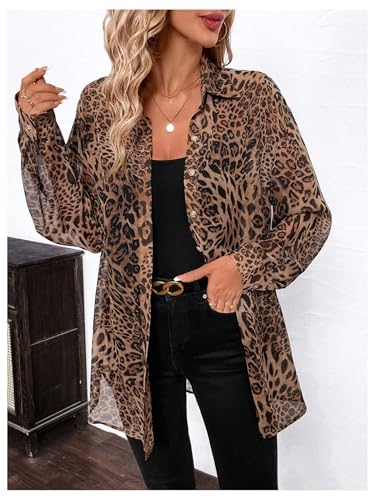 Milumia Women's Leopard Cheetah Sheer Mesh Button Down Shirt Long Sleeve Drop Shoulder Blouse Top4