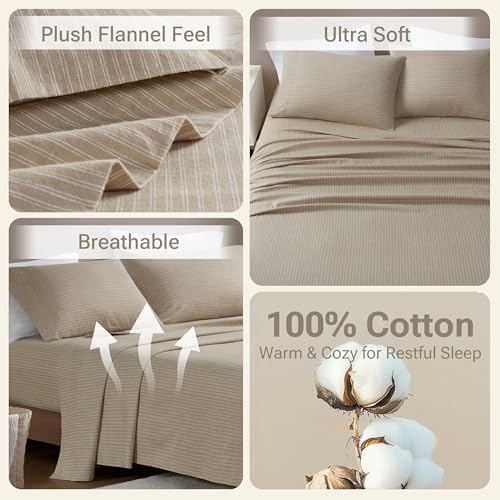 Image of Sleep Philosophy True North Flannel Sheets Cal King, Cozy 100% Cotton Flannel Bed Sheets, Ultra Soft Cute Sheet Set, Novelty Print Themed Cold Weather Warm Bedding Set, Beige White Stripes, 4 Piece