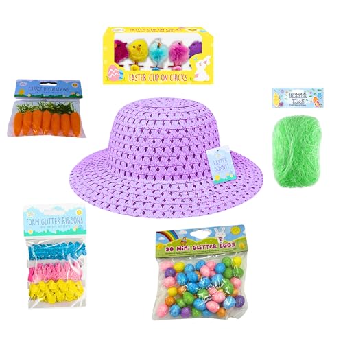 AKEDE Easter Bonnet Decorations - Straw Hat Yellow Chicks Easter Bonnet Grass Glitter Eggs Feathers Embellishments - Purple