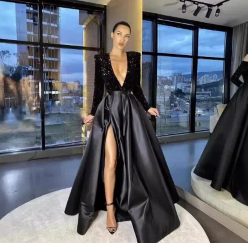 Black Long Sleeves Prom Dresses for Women Long Ball Gown Sparkly Sequin Satin Formal Evening Gowns - Image 8