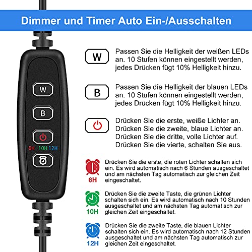 VARMHUS Tauchen Aquarium Licht,Aquarium LED Beleuchtung Die Fernbedienung kann 13 Farben und 5 Helligkeitsstufen einstellen,24/7 Automatischer Öffnungs-Schließzyklus und Timer (Azul+Blanco 28cm) 2 【Timing&Cycle】Verfügt über 4,8 oder 12-Stunden-Tag- und Nachtzyklen, wählen Sie eine Beleuchtungsdauer und automatisieren Sie dann Ihr Aquarium licht ohne Eingriff. Schalten Sie den 24-Stunden-/7-Tage-Zyklus ein/aus.Machen Sie sich keine Sorgen mehr um Ihr Aquarium,wenn Sie mit der Arbeit beschäftigt sind,reisen oder schlafen.
【Bunte & Fernbedienung】Aquarium Led Beleuchtung mit 21 Tasten Controller kann 13 Farben,5 Helligkeitsstufen und 2 Modi (Blitz/Fade) für Ihr Aquarium bieten.Wechseln Sie automatisch die Farben des Regenbogens oder pausieren Sie bei Ihrer Lieblingsfarbe. Die LED-Lampe mit mehreren Farbwechseln bietet helle Lichteffekte und eine völlig andere Sicht.
【Energiespar und Upgrade LED】Verbesserte RGB 5050-Lichtperlen heller als andere, lange Lebensdauer und Energieeinsparung.Ultrahelle und Vollspektrum-RGB-LEDs zur Anzeige lebendiger Farben von Wasserpflanzen und Fischen,Kann in Aquarien, Schildkrötenbecken,Reptilienbecken,Teich und so weiter.