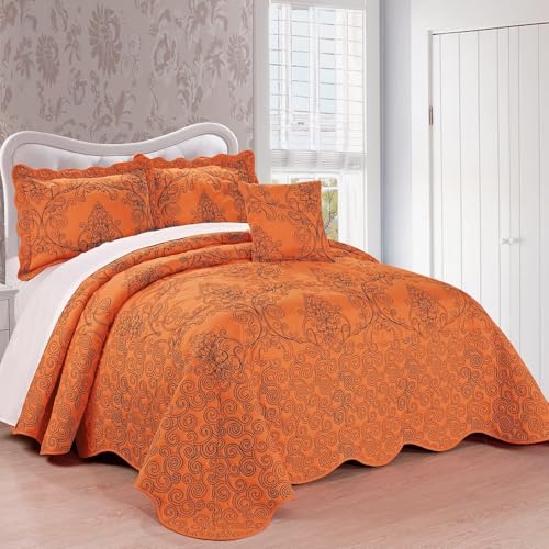 TRP French Country Style 4 Piece Pretty Embroidered Geometric Pattern Oversized King Bedspread | All Seasons Shabby Chic Bedding Burnt Orange Color Designer Aesthetic Look Soft Plush Cozy Feel