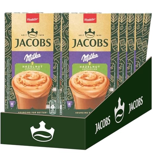 Jacobs 3 en 1 Café Instantáneo Milka avellana, capuchino, 10 x 8 sobres, 132g, porciones individuales, stock fresco de mayorista, café fuerte y rico