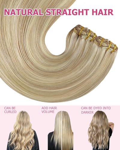 Image of YoungSee Blonde Clip in Hair Extensions Real Human Hair Light Blonde Highlighted Golden Blond Clip on Hair Extensions for Women, Long Straight Hair Clip in Extensions 22 Inch 120G 7Pcs