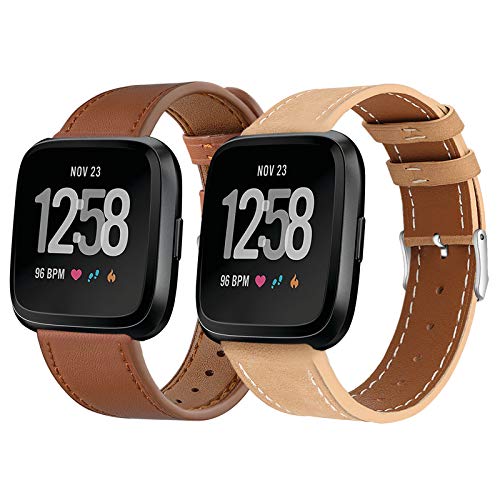 OwnZone 2 Pack Leather Bands Compatible with Fitbit Versa 2 Bands & Versa Bands & Versa Lite Wristbands, Classic Fitbit Versa SE Replacement Leather Strap for Women Men