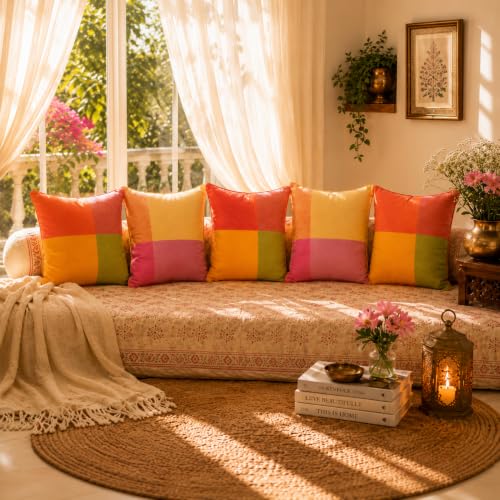 Image of RANGBHAR Handloom 100% Cotton Cushion Cover Set of 5 | Cushion with All Around Piping for Premium Finish | 16x16 Inches Hand Woven Striped Cushion Covers | Yellow Mustard