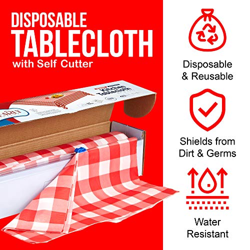 Red Gingham Plastic Tablecloth Roll With Cutter, 100' X 52" - Heavy Duty Party Table Cloth In Self Cutting Box - For Picnics, Bbqs, And Birthday Parties - By Clearly Elegant #TOP2