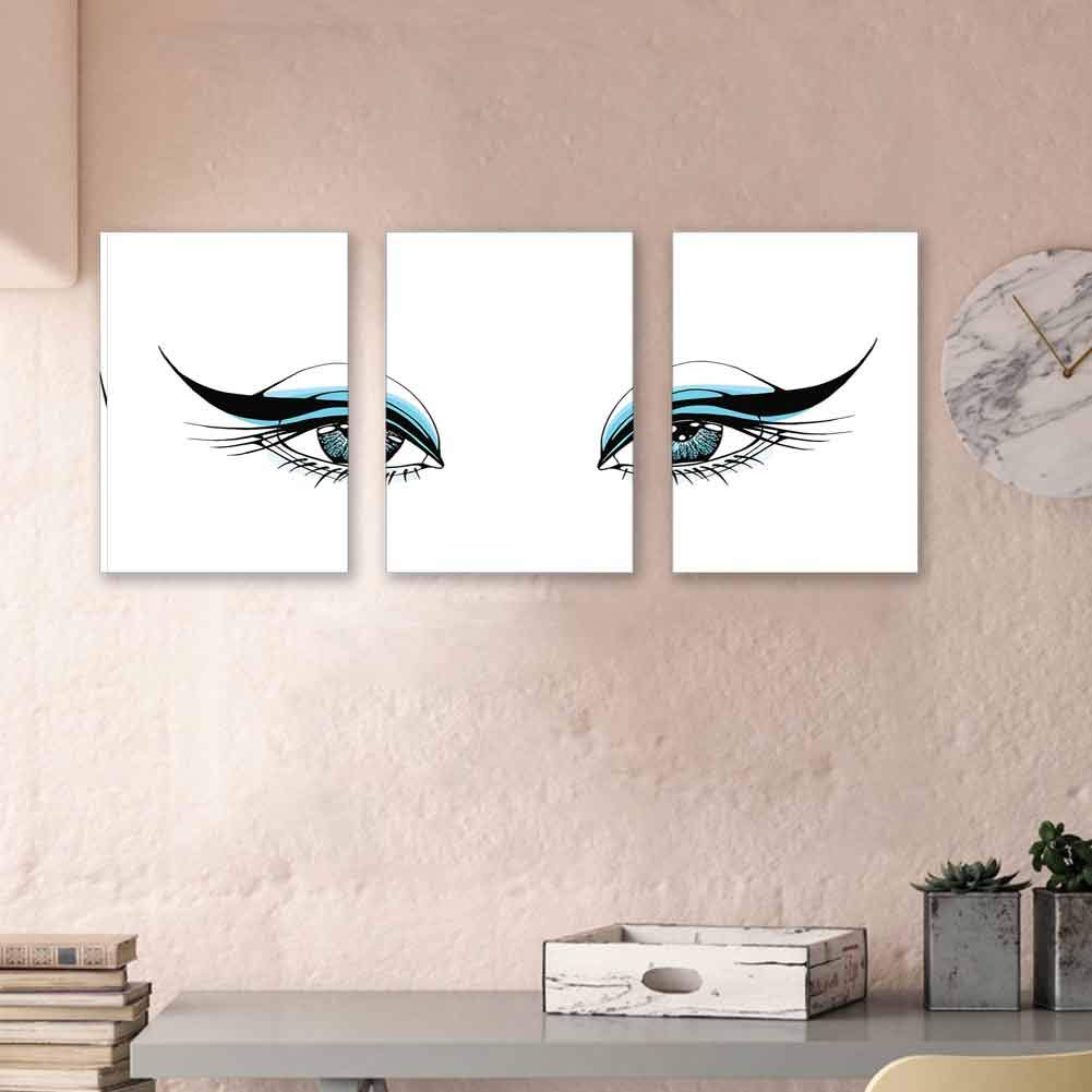 Eye Art Prints Expressive Look of a Woman Without Eyebrows Artistic Blue and Black Make Up Modern Home Wall Decor Framed Ready to Hang 16"x31"x3 Panels Pale Blue Black White
