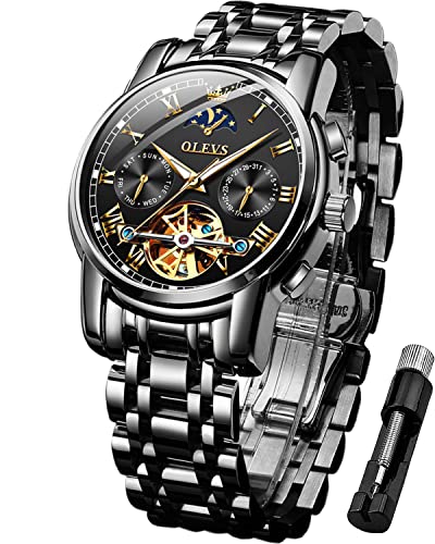 Image of OLEVS Mens Automatic Watches Skeleton Tourbillon Mechanical Self Winding Luxury Dress Wrist Watch Moon Phase Waterproof Luminous Watch Gifts