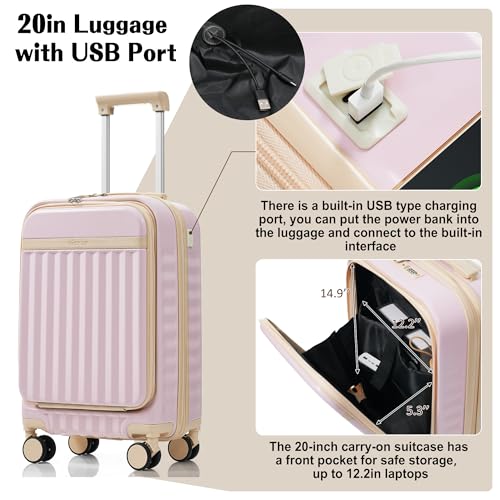 Image of Hardshell Luggage, Lightweight Suitcase with Spinner Wheels, LIGHT PINK+USB