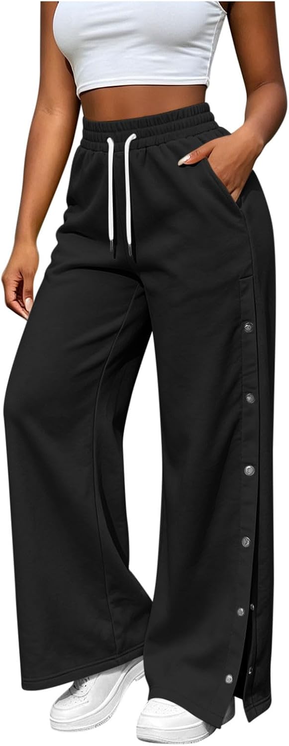 Women's Drawstring Sweatpants High Waist Wide Leg Side Split Snap Button Trousers with Pocket Loose Fit Lounge Pant