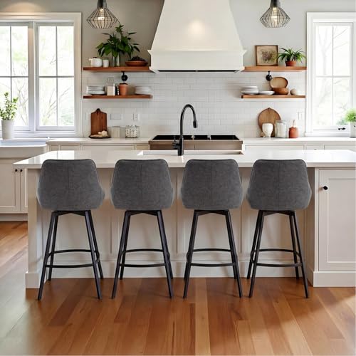 Image of Zesthouse Swivel Counter Height Stools Set of 4, Modern Upholstered Barstools with Backs, 26'' Linen Fabric Counter Height Bar Stools, Metal High Chairs for Island Kitchen, Dark Grey
