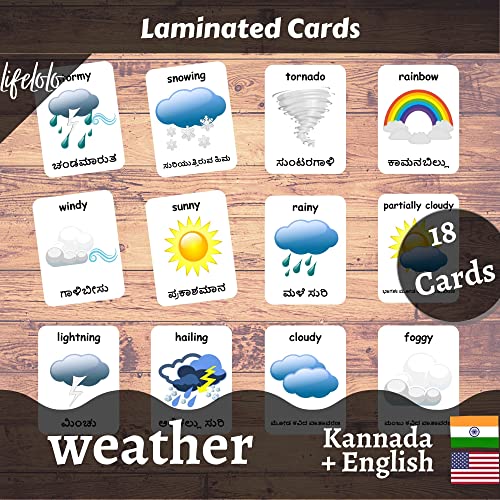 Image of Kannada English Bilingual Flash Cards | Montessori Cards | Laminated Flash Cards | Early Education (Weather - 18 Cards)