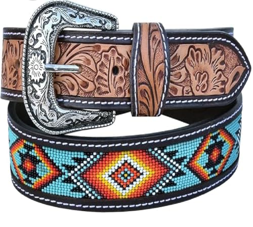 Men's Handmade Beaded Leather Belt Quality Thick Durable Wax Colorful Designs Cowboy Western Style Alloy Classic Fitted Casual Formal Wear in Pant Trouser Jeans Size: W-40-43/L-51in