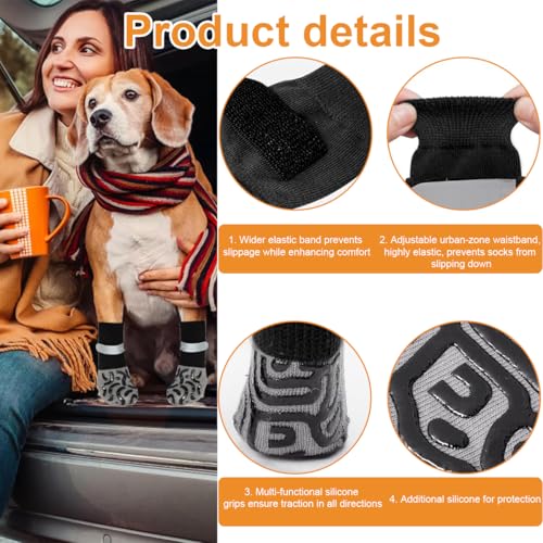 2 Paar/4 Stück Anti-Rutsch-Hundesocken, Doppelseitige Anti-Rutsch Hundesocken mit Verstellbarem reflektierendem Klettverschluss Hundestiefel für den Pfotenschutz von Hunden Innenbereich (Schwarz,XL)