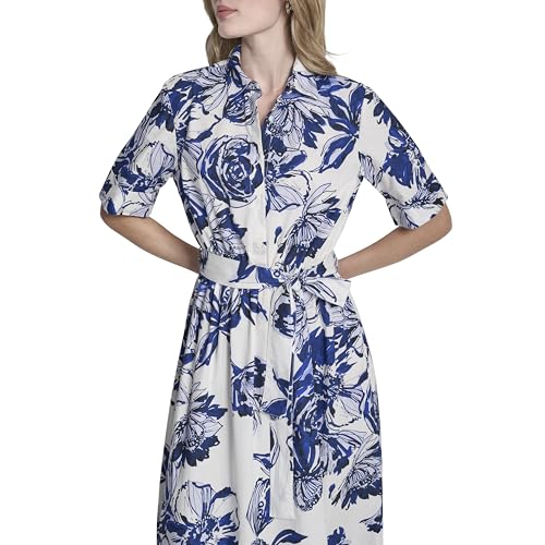 Image of DKNY Women's Short Sleeve Cotton Poplin Collared Midi Shirtdress
