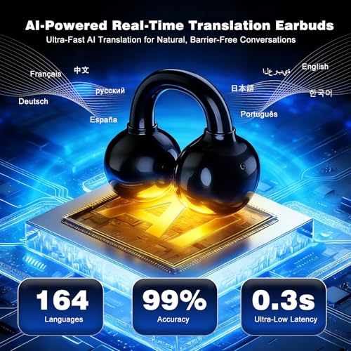 Image of AI Translation Earbuds Real Time, 164 Languages Translator Earbuds, Wireless Translating Ear Buds, Bluetooth Headphones for Travel Business Meeting Learning (Black)