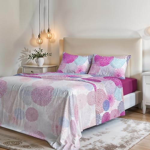COMPLETO LETTO MATRIMONIALE NO STIRO FANTASY-Prodotto in Italia - Microfibra - Sopra 240x270 cm, Sotto 170x200 cm con Angoli Elasticizzati 25 cm, 2 Federe 50x80 cm - Soffioni