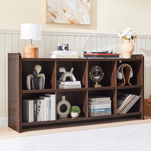 Image of 8 Cube Low Storage Organizer, 63 inch Long Horizontal Bookshelf, Dark Walnut