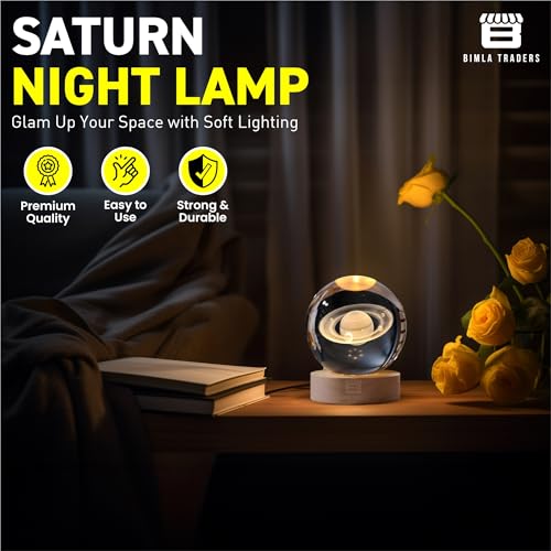 Image of 3D Saturn Crystal Ball Night Lamp, Galaxy Light Ball with Wooden Base, Perfect for Home Decor, Office, Birthday Gift & Kids Bedroom