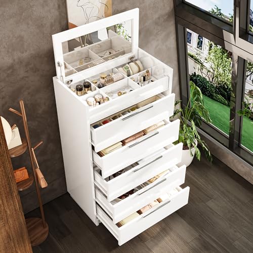 Image of AMERLIFE 50.2 inch H 5-Drawer Dresser for Bedroom with Built-in Mirror & Glass Tabletop, High Gloss Bedroom Storage Organizer & Closet, Modern Chest of Drawers, White