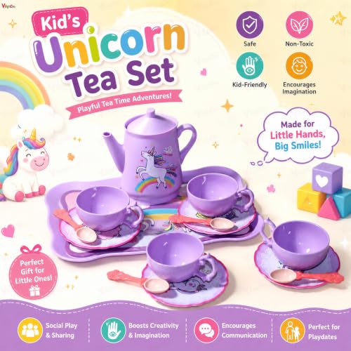 Image of Vikrida 48Pcs Tea Set, Kids Pretend Toy Tea Set and Carrying Case,Rainbow Magic Unicorn Design for Girls Princess Boys 3-6