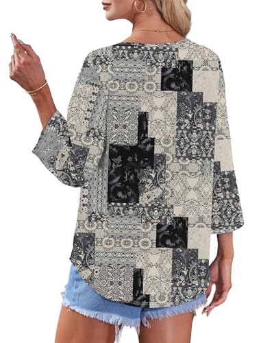 Image of OFEEFAN Button Down Shirts for Women 3 /4 Length Sleeve Tops V Neck Blouses Business Casual Outfits Loose Fit